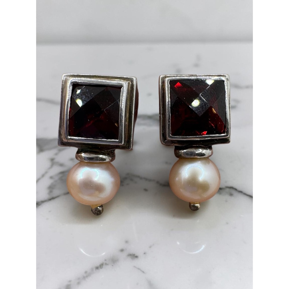 Michael Dawkins Sterling Silver 14K Garnet and Pearl Square Drop Earrings